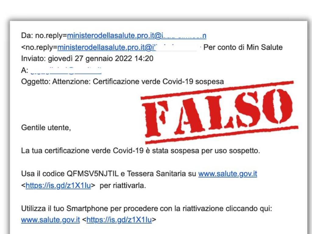 La nuova mail-truffa sulla "certificazione verde Covid sospesa"