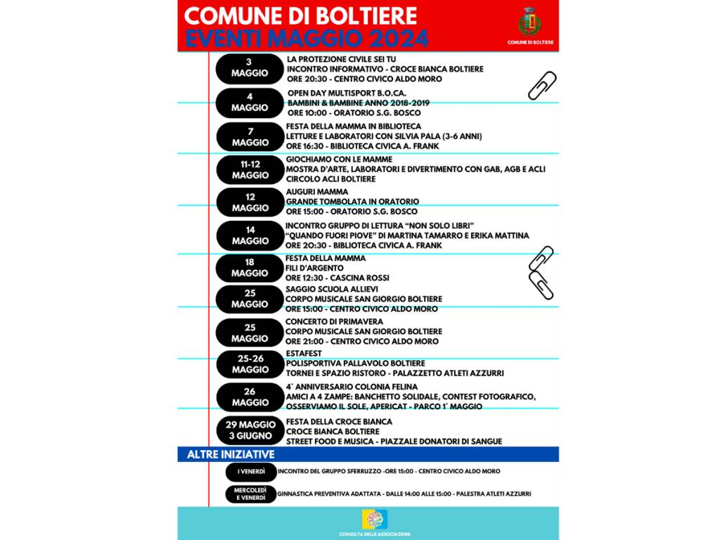Boltiere: pubblicato il calendario delle iniziative in programma a maggio